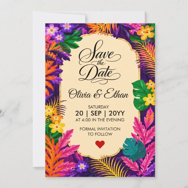 Reserve A Data Desenho Floral de Folhas Tropicais (Frente)