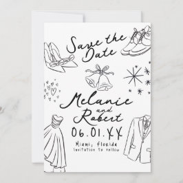 Reserve A Data Desenhos à mão Preto Branco Noivo Noiva