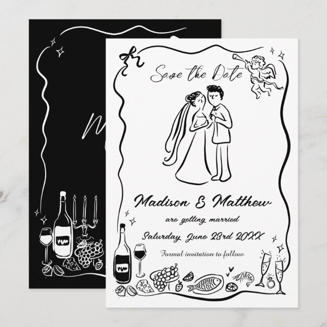Reserve A Data Desenhos à Mão Rabiscos Garoupa & Noiva Casamento (Frente/Verso)