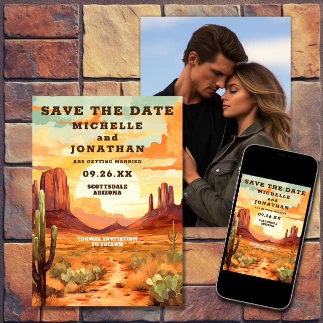 Reserve A Data Desert Sunset, Cactus Southwestern Photo Wedt (Printed and Digital - Desert Sunset, Cactus Southwestern Photo Wedding Save The Date)