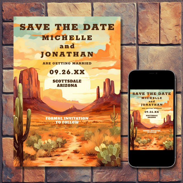 Reserve A Data Desert Sunset e Cactus Southwestern Wedding (Printed and Digital - Desert Sunset and Cactus Southwestern Wedding Save The Date)