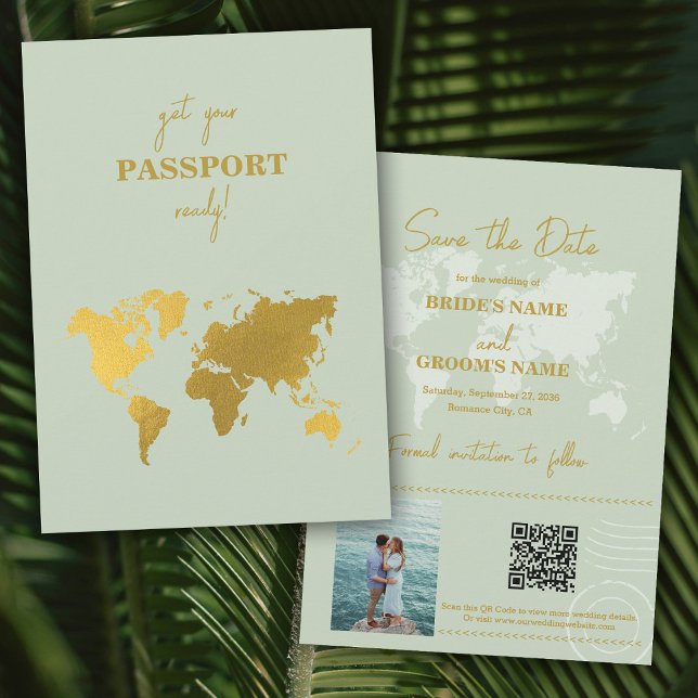 Reserve A Data Destino Casamento do World Passport Sage Green Dou (Destination Wedding World Passport Sage Green Gold Save The Date)