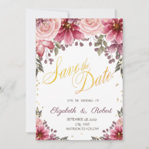 Reserve A Data Diamantes Dourados Floral Borgonha Salve A Data