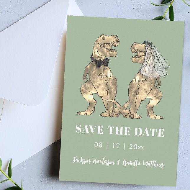 Reserve A Data Dinosaur Themed Sage Green Wedding (Funny modern dinosaur wedding save the date sage green invitation)