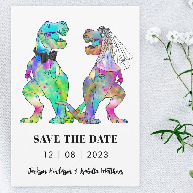 Reserve A Data Dinossaur Themed Wedding (Dinosaur bride and groom wedding save the date invitation funny colorful T-Rex )
