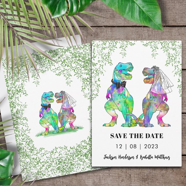 Reserve A Data Dinossaur Themed Wedding (Dinosaur themed wedding save the date invitation with colorful T-Rex bride and groom jungle foliage)