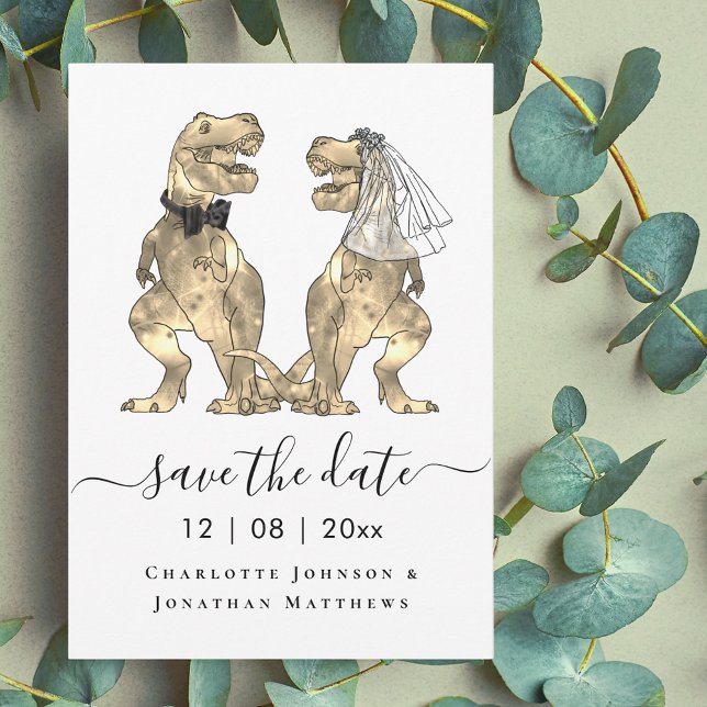 Reserve A Data Dinossaur Themed Wedding (Funny dinosaur wedding save the date T-Rex bride and groom dino elegant script)