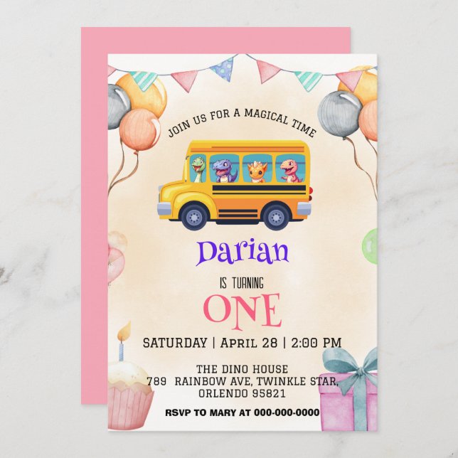 Reserve A Data Dinossauro engraçado de volta ao bolo de ônibus es (Frente/Verso)