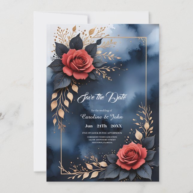 Reserve A Data Disposição Elegante de rosa com folhagem de ouro (Frente)