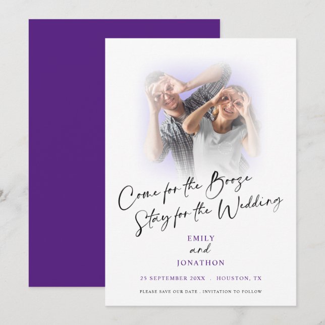 Reserve A Data Divertido Vir Para Booze Foto Roxo Salvar Data (Frente/Verso)