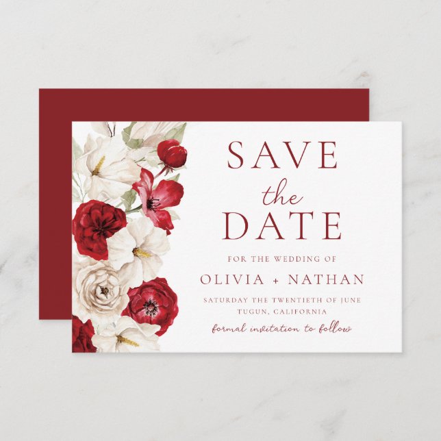 Reserve A Data Divine Bloom: Casamento Floral Vermelho e Branco (Frente/Verso)