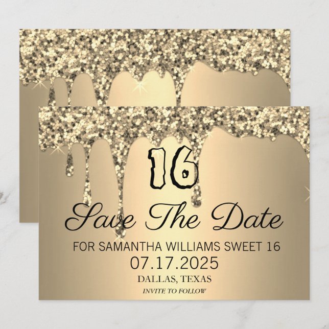 Reserve A Data Doce 16 Bebidas com Glitter Sparkle Dourado de Ani (Frente/Verso)