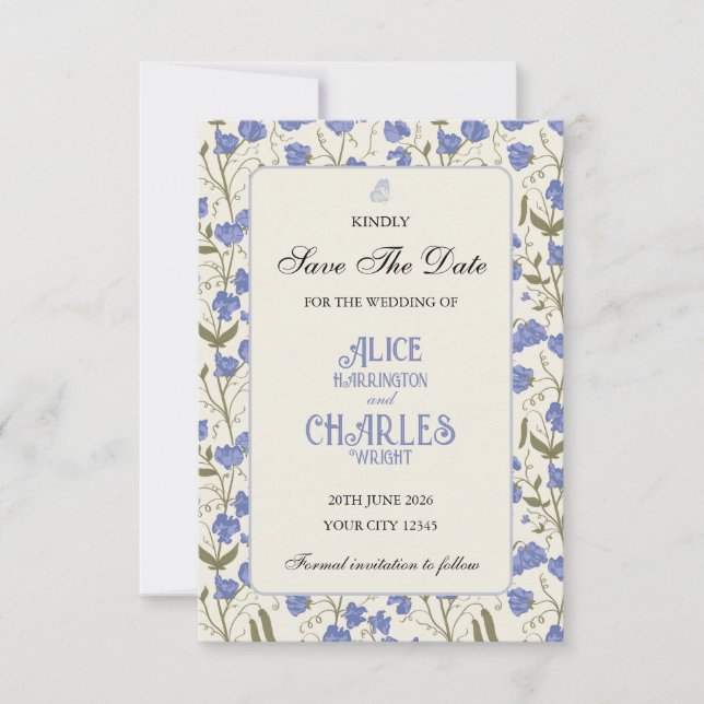 Reserve A Data Doce Ervilha Floral Azul e Creme (Frente)