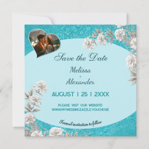 Reserve A Data Dois fotos Floral abstrato azul elegante casamento
