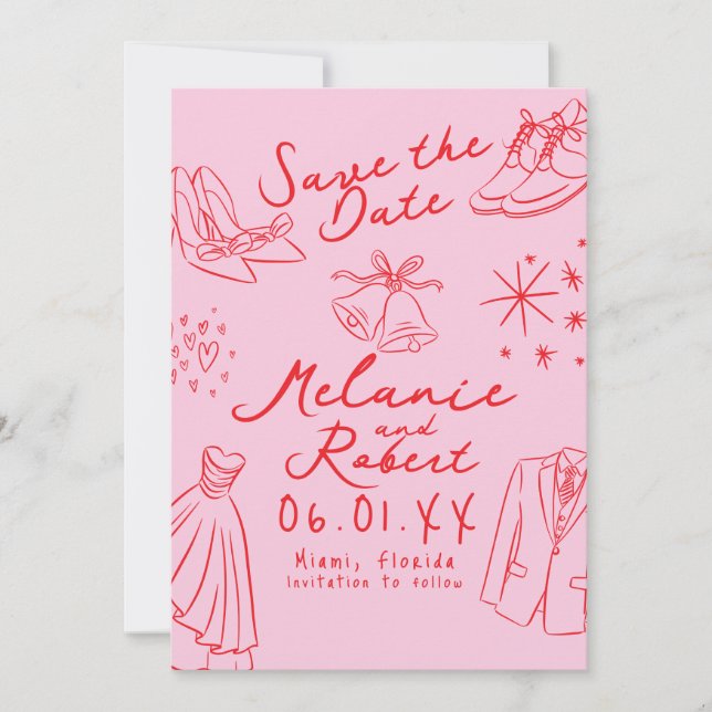 Reserve A Data Doodle Desenhado à Mão Preto e Branco Noivo Noiva (Frente)