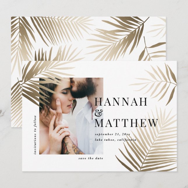 Reserve A Data Dourada folha de palma salve a data foto casamento (Frente/Verso)