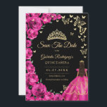 Reserve A Data Dourada Fuchsia Rosas Rosa Borboletas Quinceanera<br><div class="desc">Celebração de Quinceanera, cor-de-rosa, da Fúcsia Negra, salve o cartão. Apresenta uma garota morena em vestidos de capa de bola, fonte de script, borboletas douradas, rosas rosa quente e tiara. Perfeito para uma elegante celebração de glam estilo princesa. Personalize com seus próprios detalhes. Placas Zazzle impressas ou modelo de impressão...</div>
