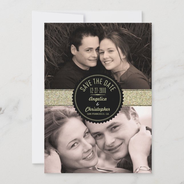 Reserve A Data Dourada Glitter & Black Modern Photo Salvar a Data (Frente)