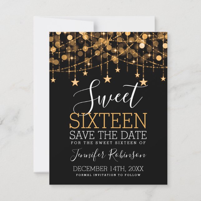 Reserve A Data Dourada Sweet 16 Luzes de String Sparkly Data de S (Frente)
