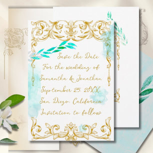 Reserve A Data Dourado Barroco Teal Aqua Calliografia Vintage