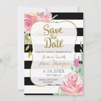 Reserve A Data Dourado, Black & White Stripes Floral Salvar a Dat