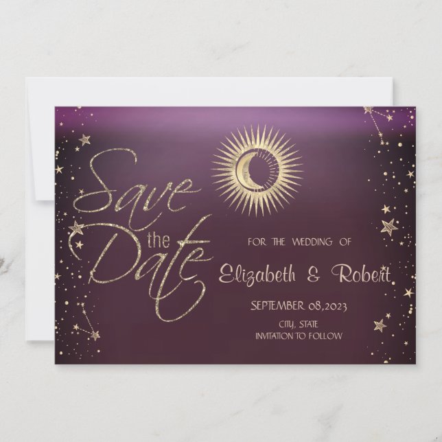 Reserve A Data Dourado Celestial Sol E Lua Estrelas Borgonha (Frente)