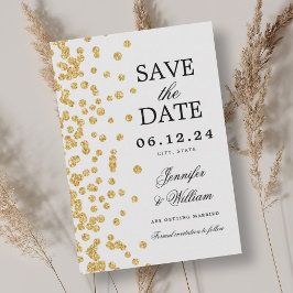 Reserve A Data Dourado Confetti de Casamento de Script Elegante