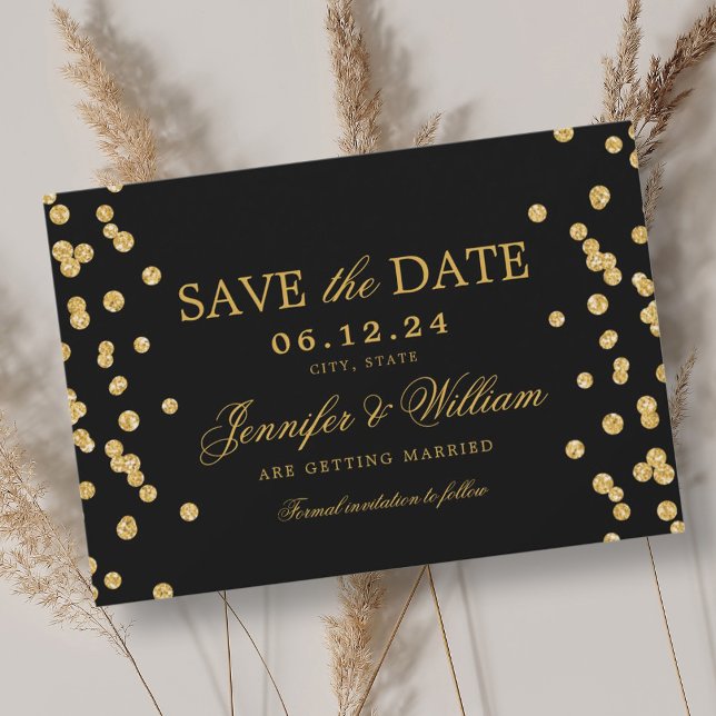 Reserve A Data Dourado Confetti Negro  de Casamento Elegante (Criador carregado)