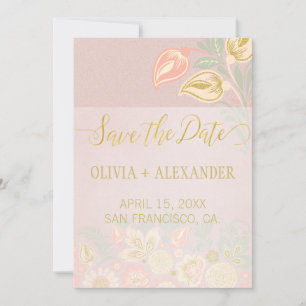 Reserve A Data Dourado Floral Rosa Bege Casamento Primavera Paste