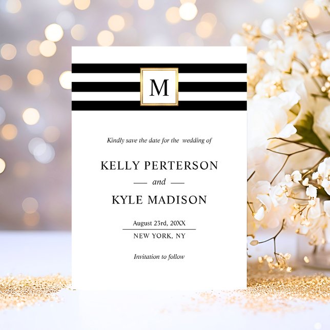 Reserve A Data Dourado Mínimo Black White Stripes Monograma (Minimalist Black White Stripes Monogram Gold Save The Date)