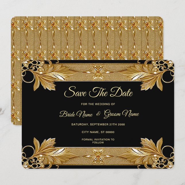 Reserve A Data Dourado Ornamentado Preto Floral Salvar a Data (Frente/Verso)
