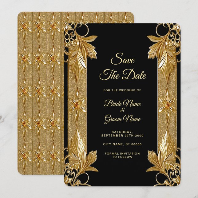 Reserve A Data Dourado Ornamentado Preto Floral Salvar a Data (Frente/Verso)