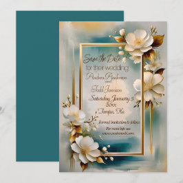 Reserve A Data Dourado quadro de fundo branco flores brancas casa