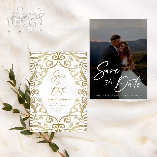 Reserve A Data Dourado Romântico Brilho Renda Floral Foto de Casa (Criador carregado)