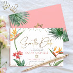 Reserve A Data Dourado rosa Bat Tropical Mitzvah Floral Palm Mode<br><div class="desc">Certifique-se de que todos os seus amigos e parentes serão capazes de celebrar o marco da sua filha Bat Mitzvah! Envie este cartão de anúncio personalizado "Salvar a Data". Aves aquáticas tropicais, impressionantes e coloridas, de flores paraíso, guião falso dourado manuscrito, Estrela de David e pontos brilhantes, juntamente com o...</div>