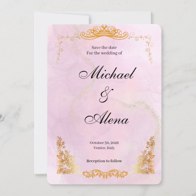 Reserve A Data Dourado & Rosa, Casamento Real & Sofisticado Salve (Frente)