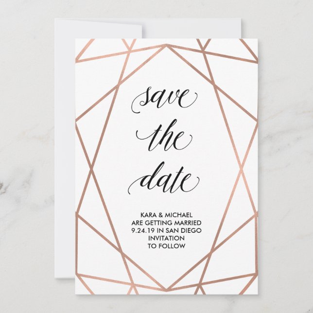 Reserve A Data Dourado Rosa Geométrico Falso em Branco | Salve a  (Frente)