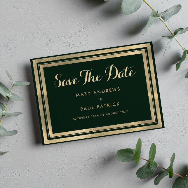 Reserve A Data Dourado verde florestal geométrico Salvar a Data (Geometric modern forest green gold Save The Date)