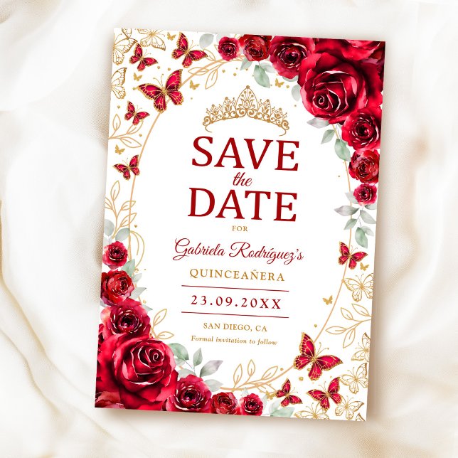 Reserve A Data Dourado Vermelho Floral Quinceanera (Criador carregado)
