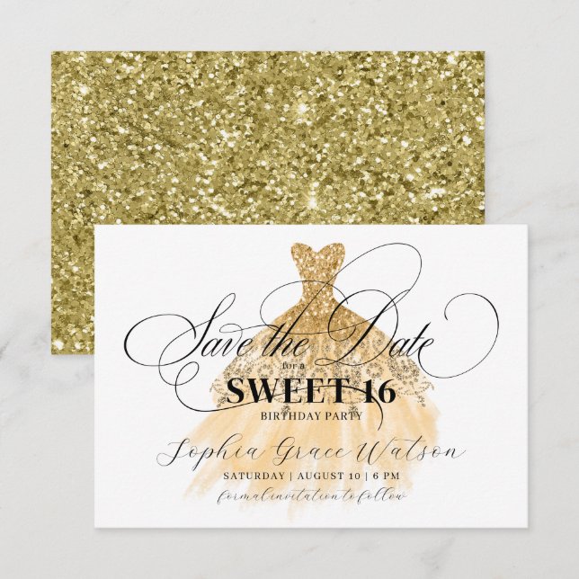 Reserve A Data Dourado Vestido Glitter 16 Docinho (Frente/Verso)