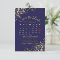 Dourados no Calendário de Casamento Azul Elegante 
