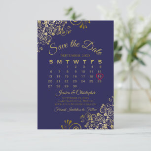 Reserve A Data Dourados no Calendário de Casamento Azul Elegante 