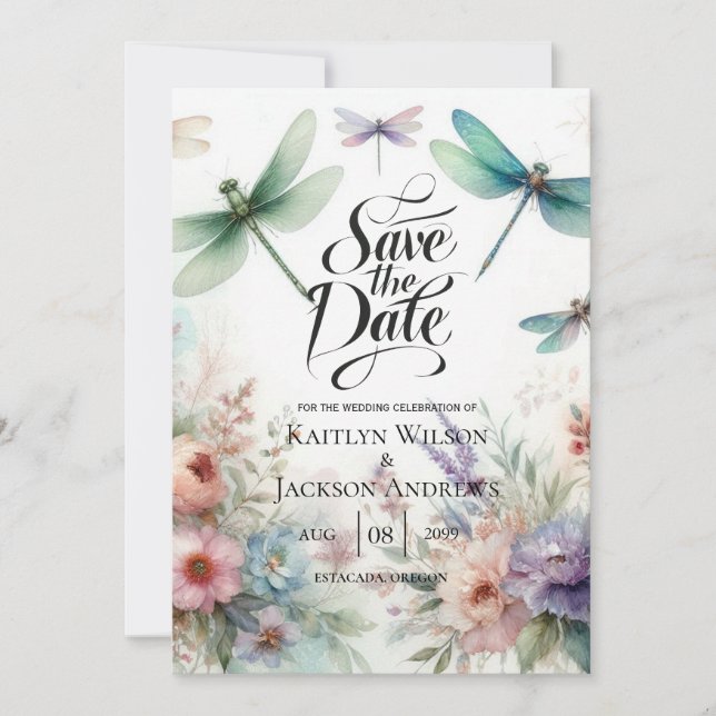 Reserve A Data Dragonflies and Pastel Florals Save the Date (Frente)
