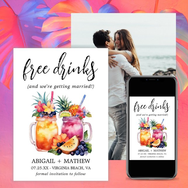 Reserve A Data Drinks de Frutas Tropicais Engraçados Foto de Casa (Funny Tropical Fruit Cocktails Drink Photo Wedding Save The Date)