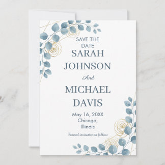 Reserve A Data Dusty Blue And Gold Floral Wedding