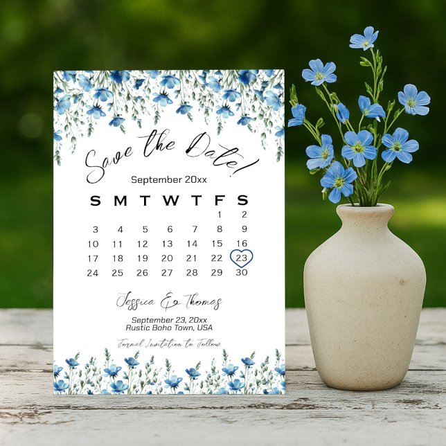Reserve A Data Dusty Blue Boho Chic Wildflower Calendário de casa (Criador carregado)