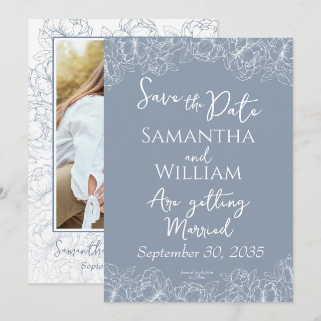 Reserve A Data Dusty Blue Boho Floral Moderno Casamento (Frente/Verso)