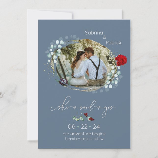 Reserve A Data Dusty Blue Burgundy Ela Disse Sim Foto (Frente)