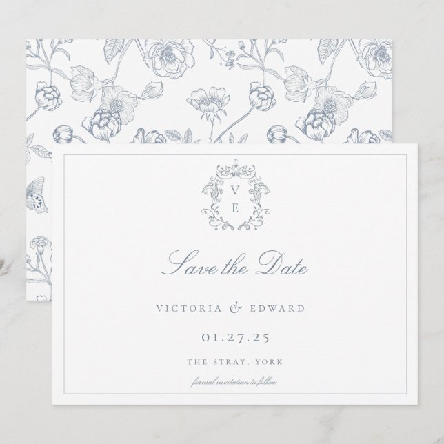 Reserve A Data Dusty Blue Crest Casamento Monograma (Frente/Verso)