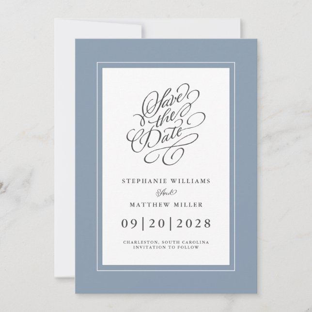 Reserve A Data Dusty Blue Elegant Casamento Chic Trendy Script (Frente)